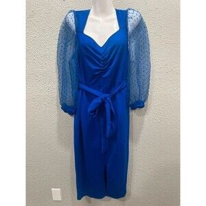Royal Blue Midi Dress Plus Size 0X Sheer Bishop Sleeve Front Slit Belted Stretch